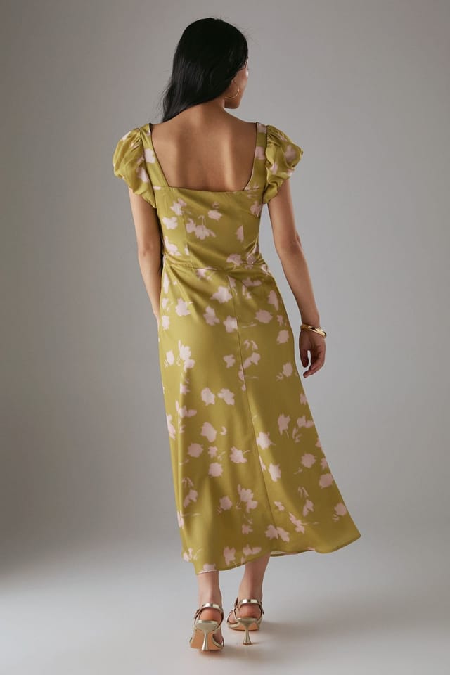 Warehouse Warehouse Women's Petite Satin Knot Front Cut Out Midi Dress in Olive - 3