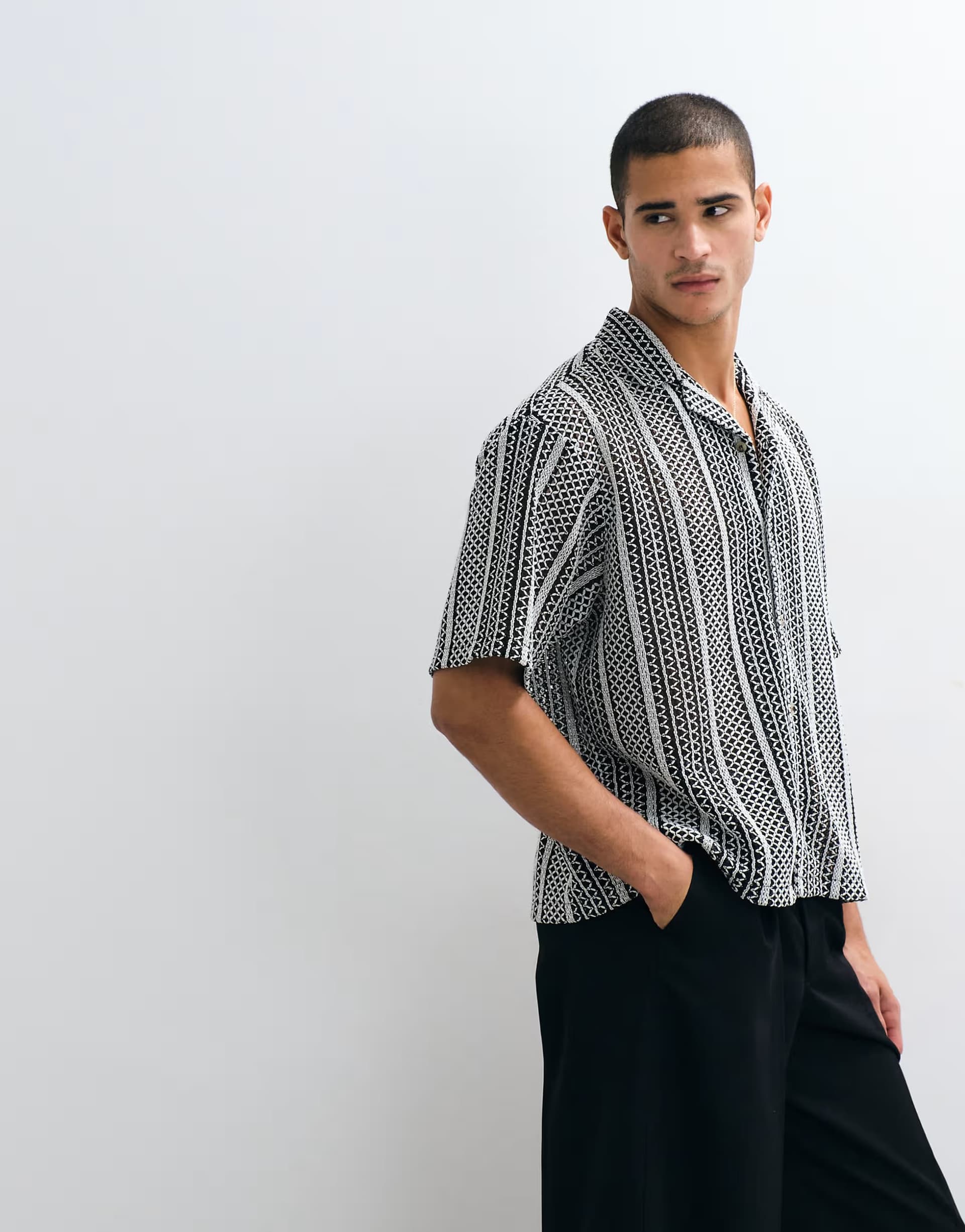 ASOS ASOS DESIGN boxy oversized revere crochet shirt in black