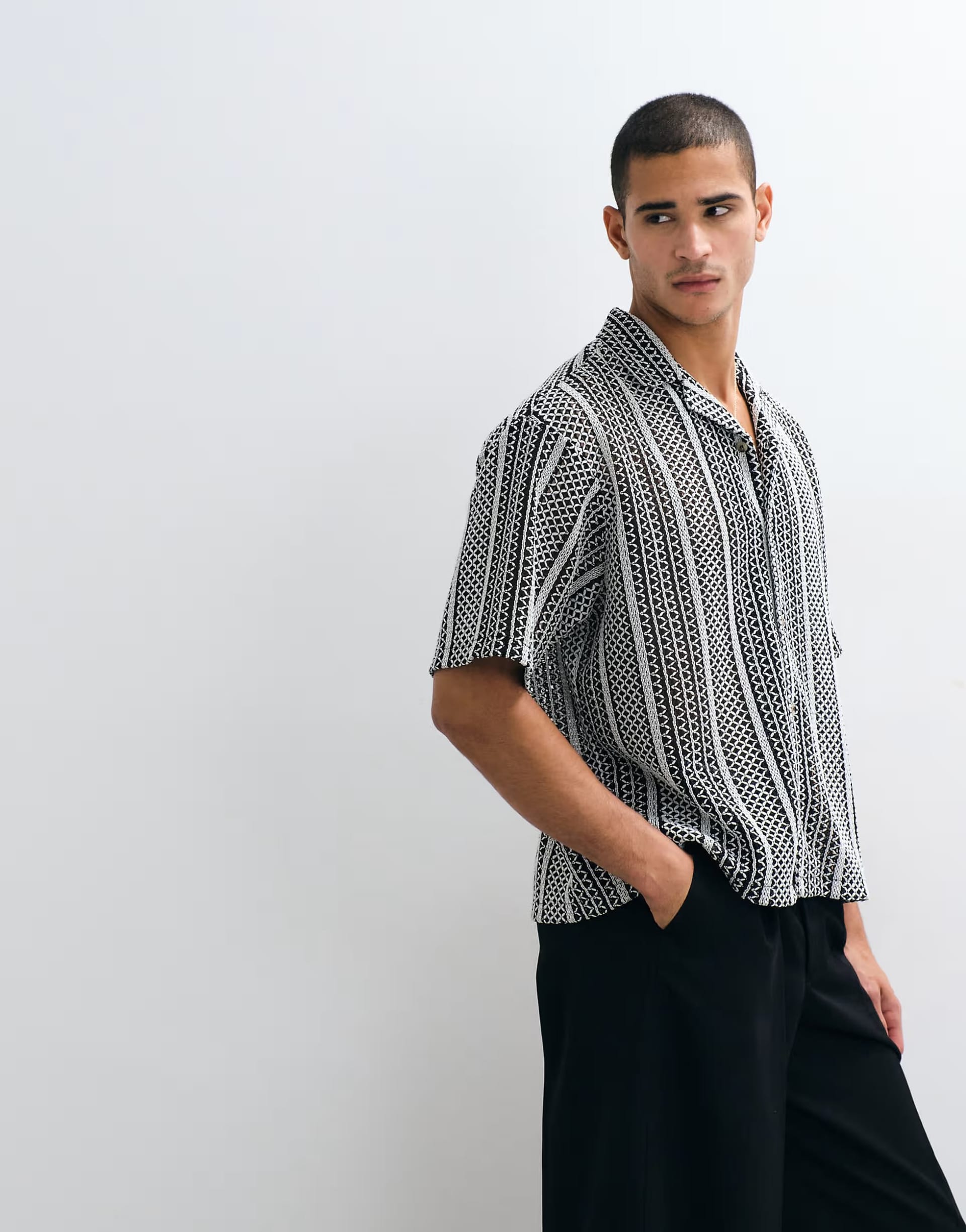 ASOS DESIGN boxy oversized revere crochet shirt in black