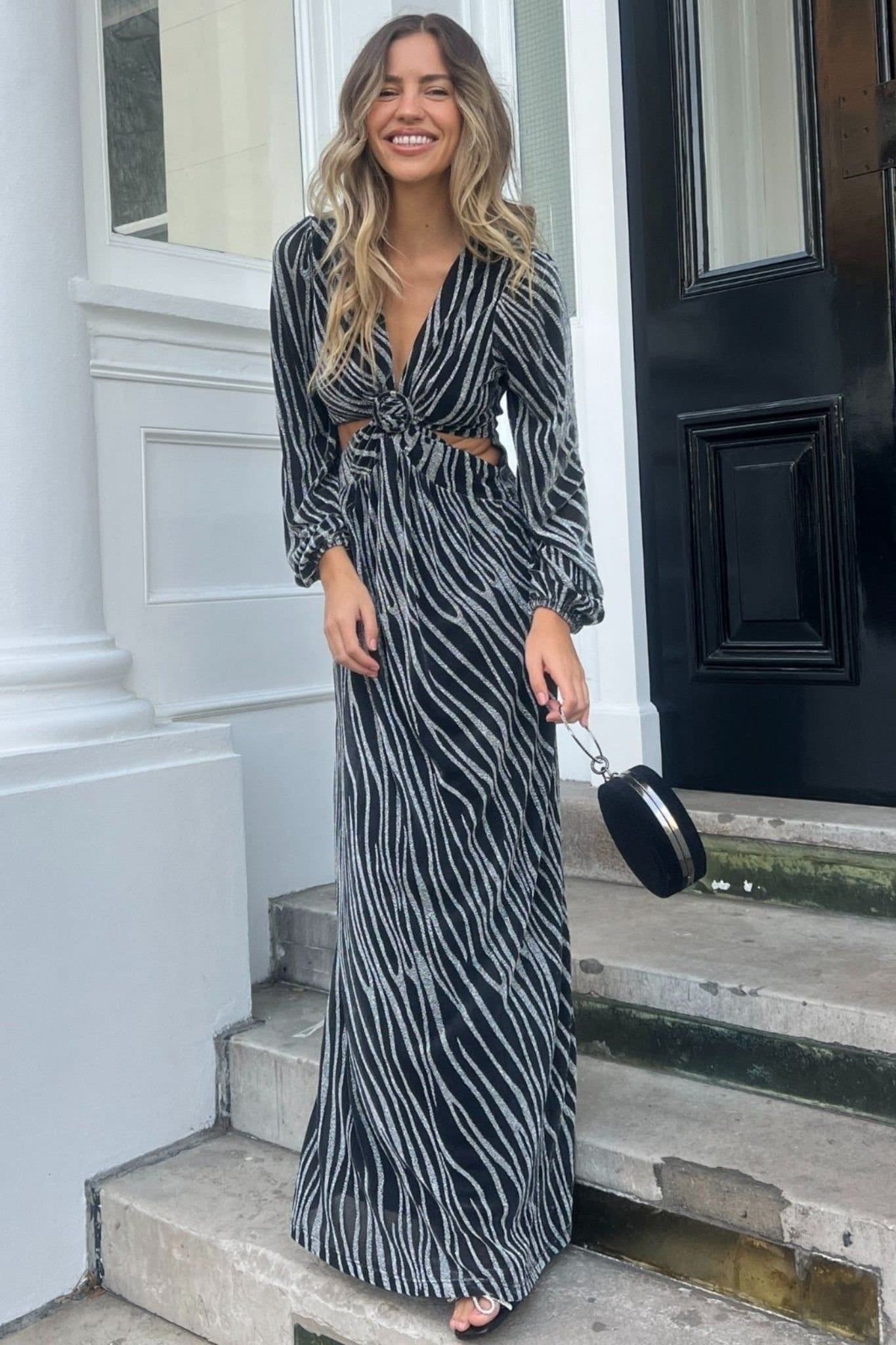 Style Cheat Style Cheat Women's Tami Metallic Zebra Cut-Out Silver Maxi Dress in Black