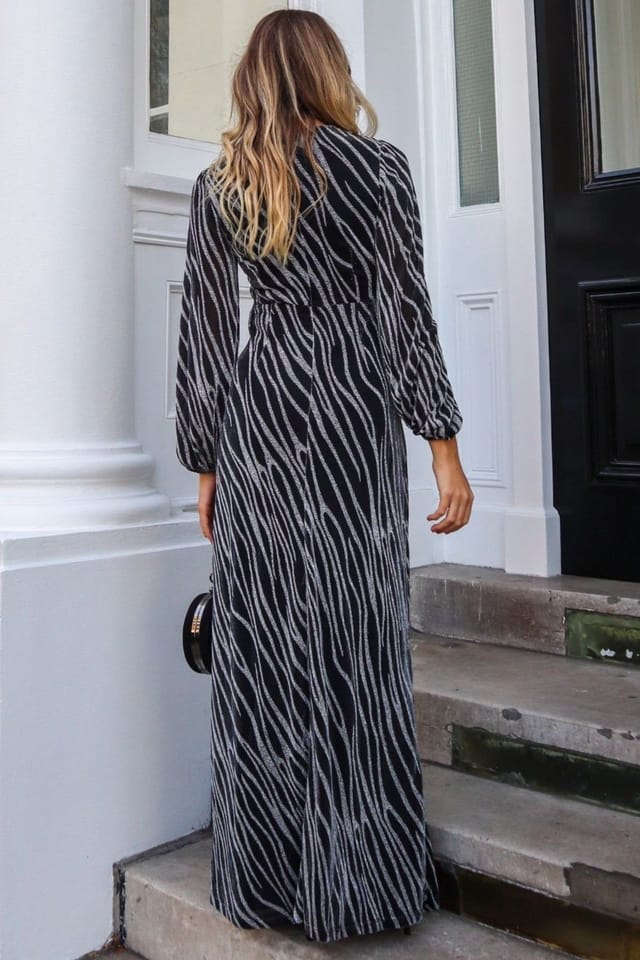 Style Cheat Style Cheat Women's Tami Metallic Zebra Cut-Out Silver Maxi Dress in Black - 3