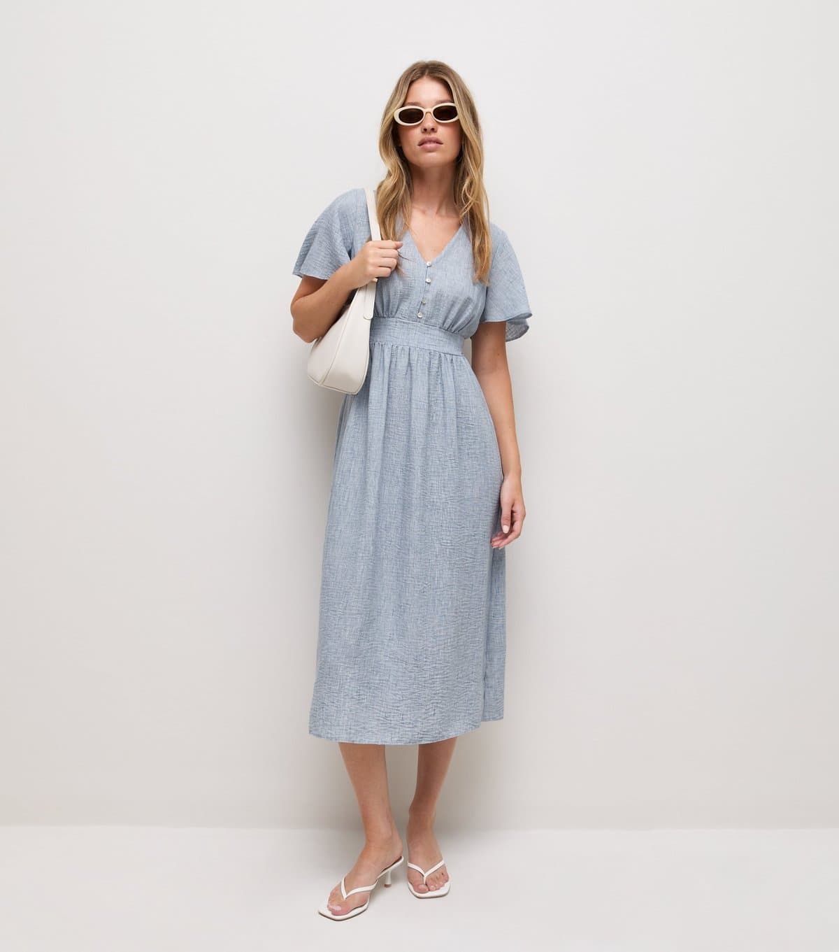 New Look Women's Light Blue Crinkle Texture Frill Sleeve V Neck Midi Dress New Look