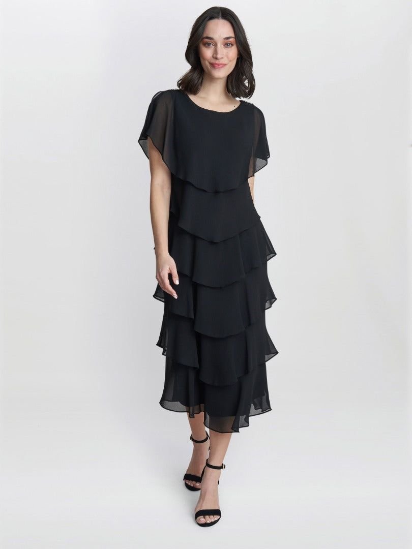 Gina Bacconi Gina Bacconi Women's Tessa Midi Tiered Dress With Shoulder Trim in Black - 3