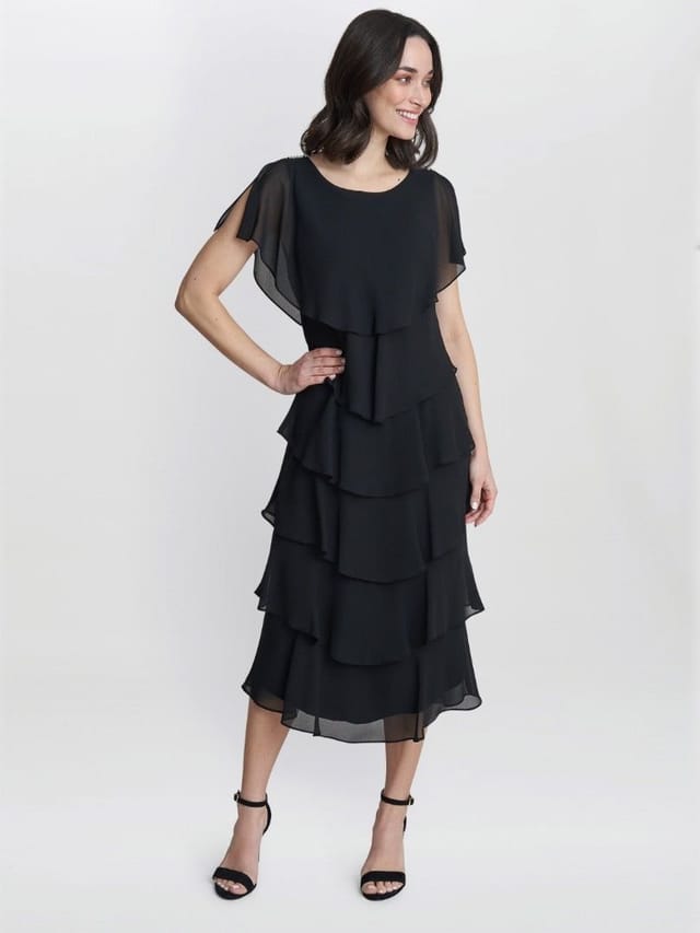 Gina Bacconi Gina Bacconi Women's Tessa Midi Tiered Dress With Shoulder Trim in Black - 3