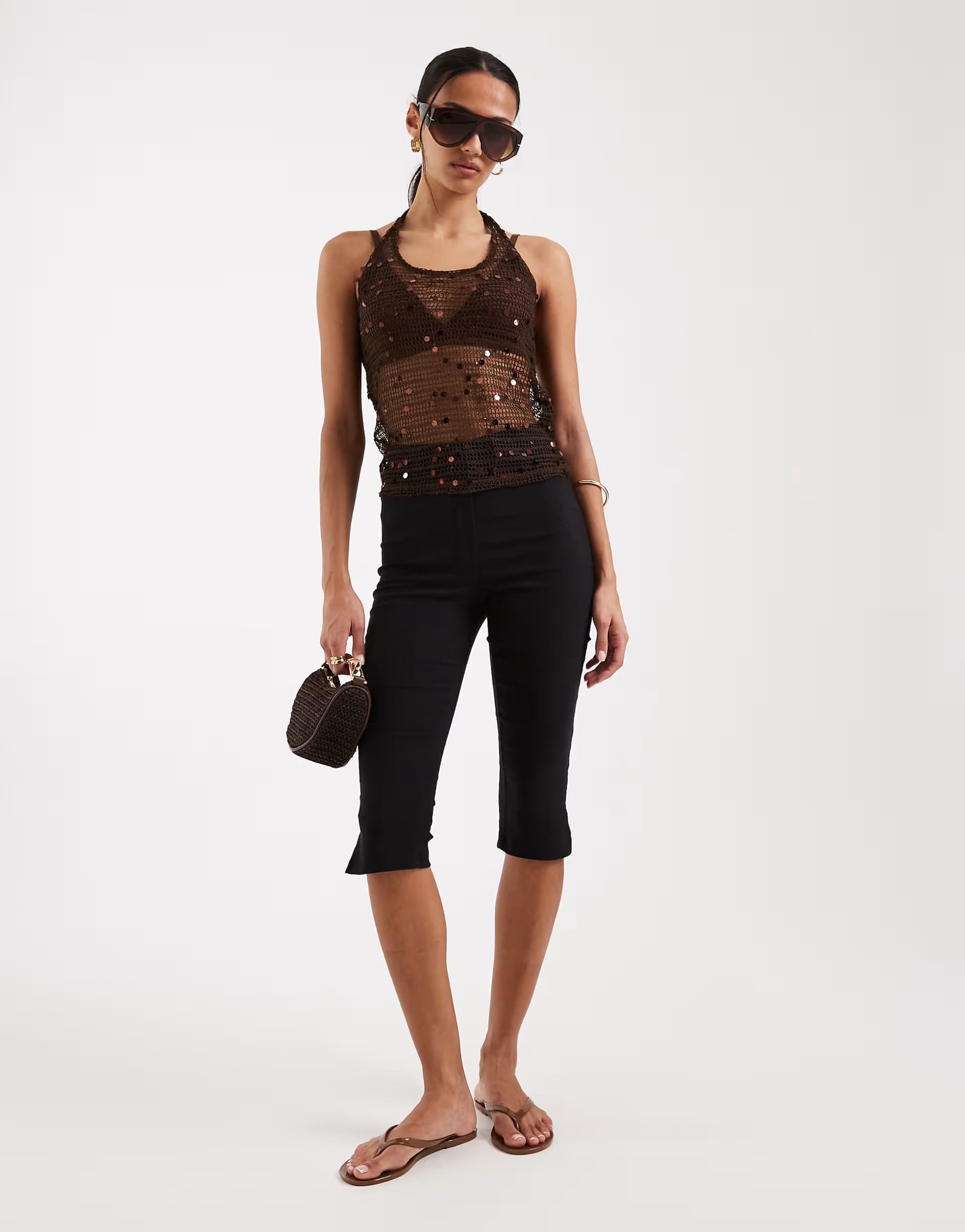 ASOS JJXX crochet halter top with sequins in brown