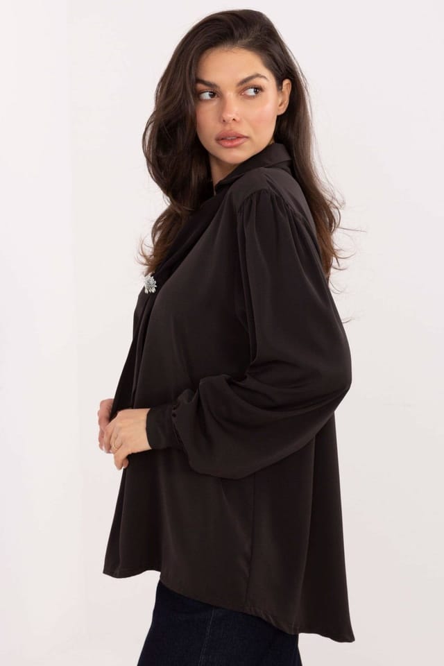 Love Lace Love Lace Women's Elegant Polyester V Neck Tie Blouse with Brooch in Black - 2