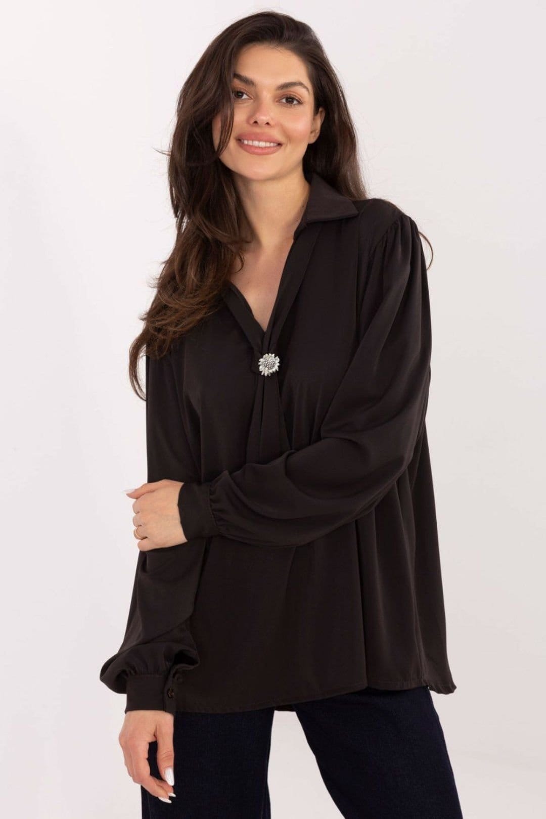 Love Lace Love Lace Women's Elegant Polyester V Neck Tie Blouse with Brooch in Black - 4