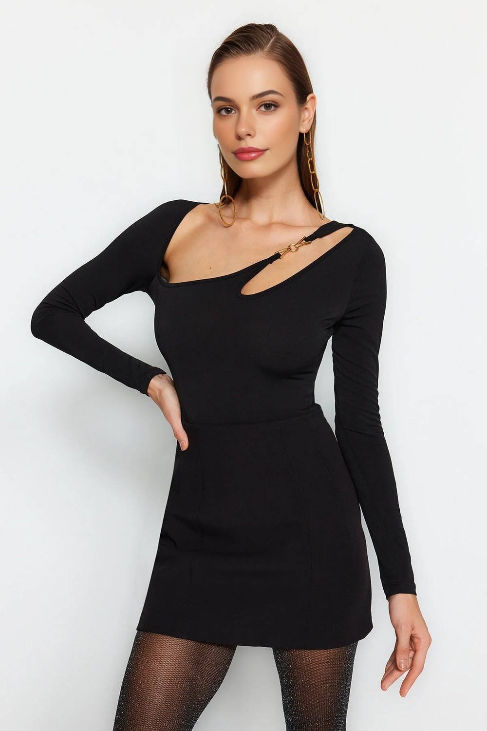 WOVCOR WOVCOR Women's Asymmetric Cut Out Fitted Knit Bodysuit with Hardware Detail in Black - 4