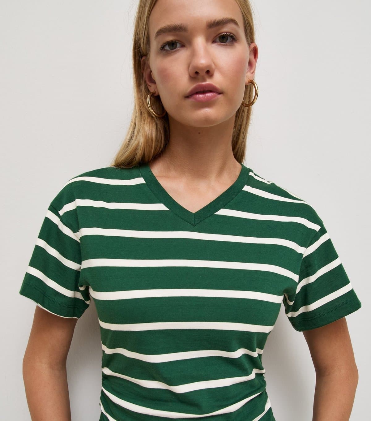New Look Women's Green and White Stripe V-Neck Corset T-Shirt New Look