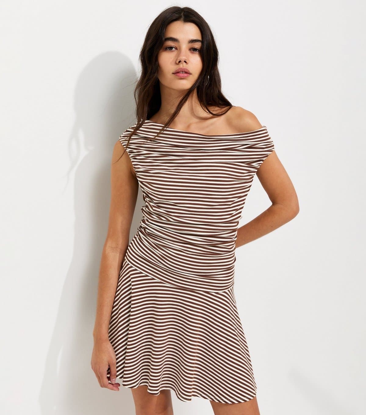 New Look Women's Brown Striped Slouchy Off the Shoulder Mini Dress New Look
