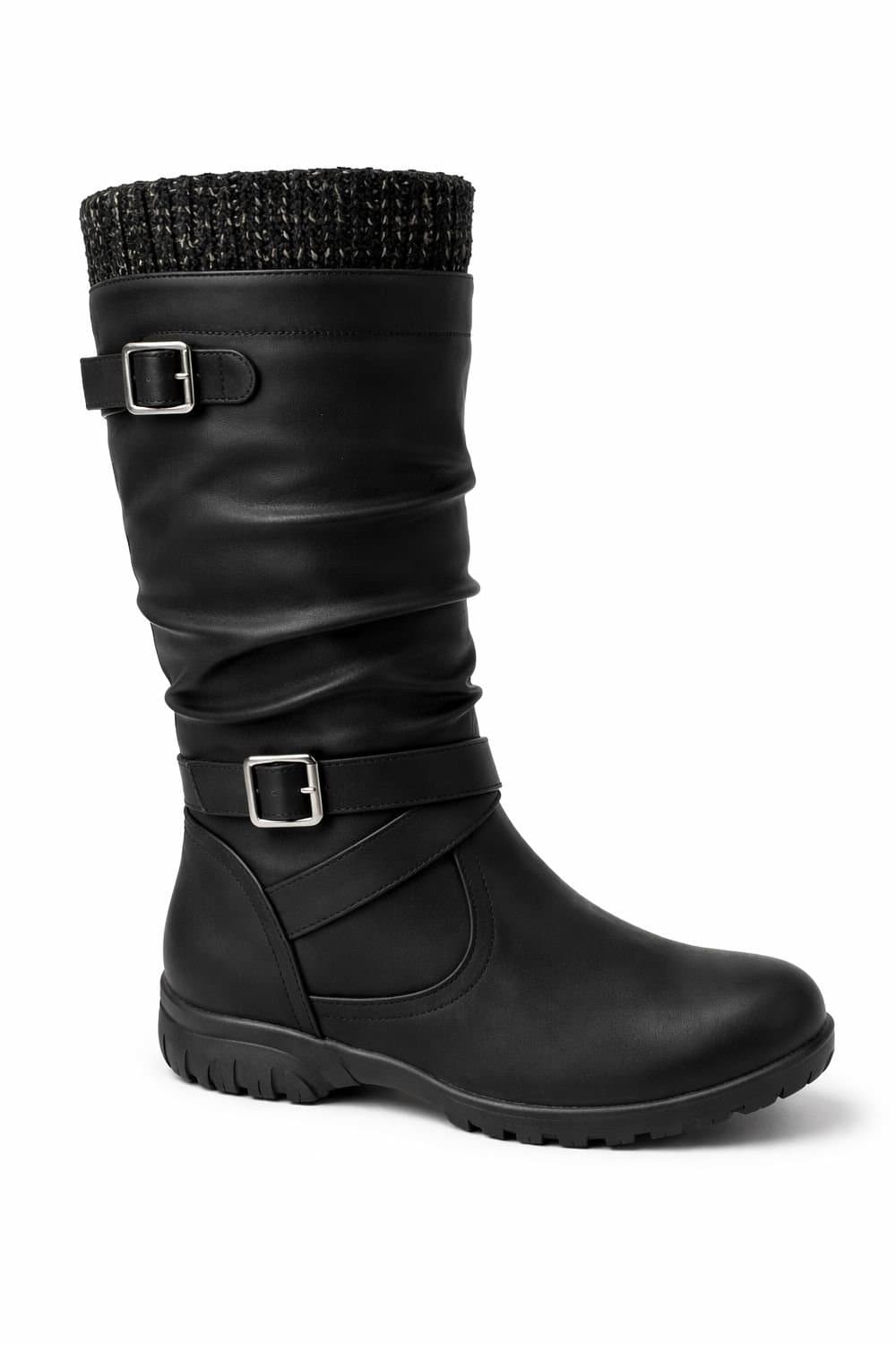 Spot On Spot On Women's Mid Calf Buckle Detail Winter Boot with Knit Trim in Black