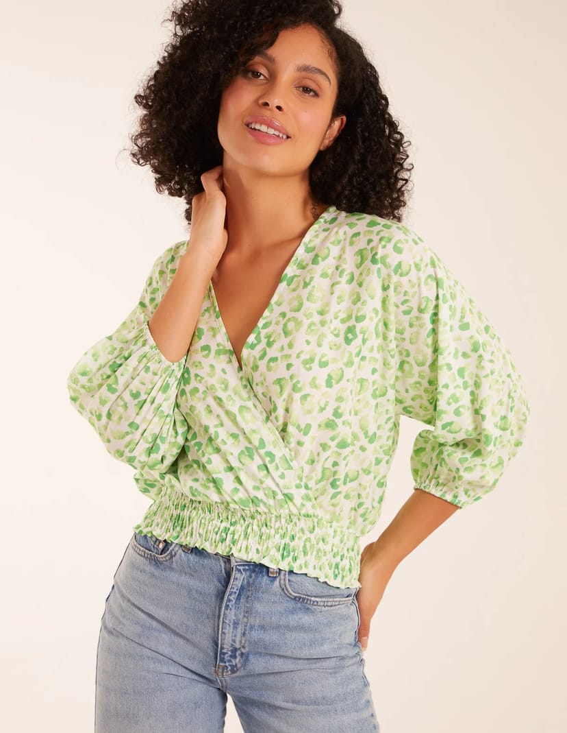 Blue Vanilla Leopard Print Elasticated Sleeve Wrap Front Elastic Hem Top - 1