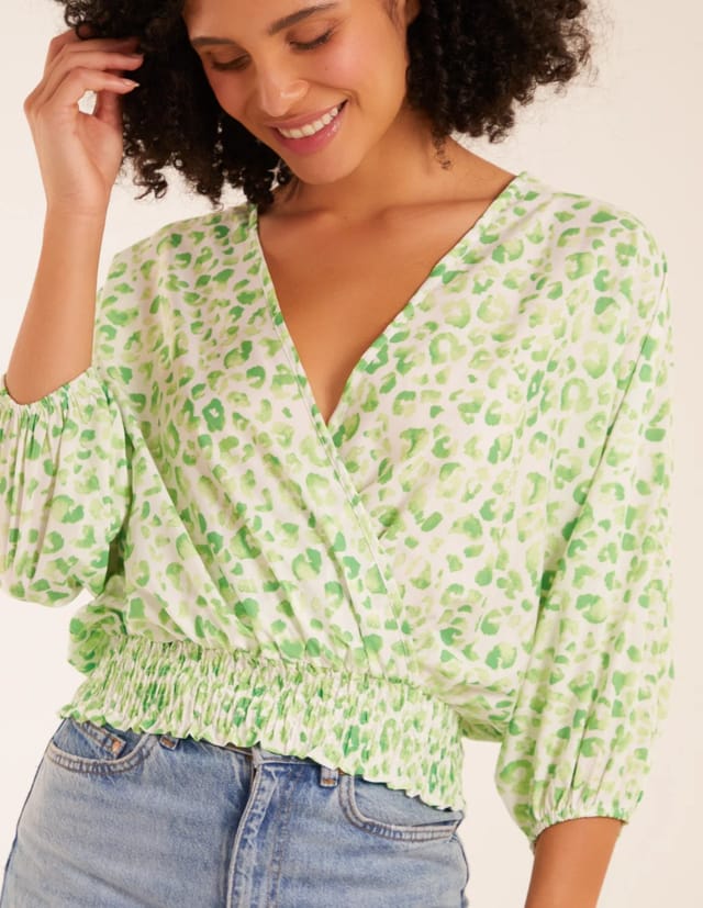 Blue Vanilla Leopard Print Elasticated Sleeve Wrap Front Elastic Hem Top - 2