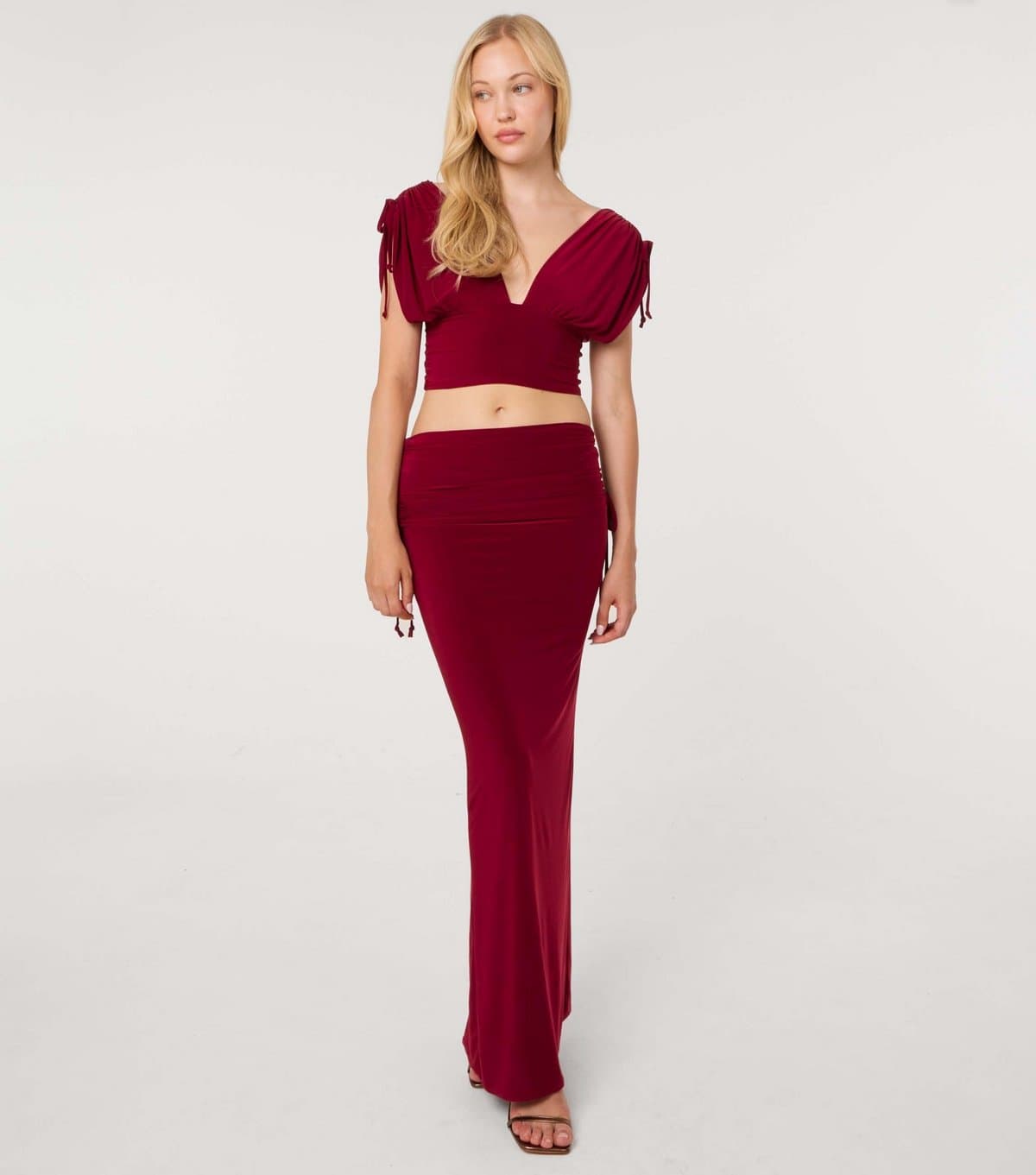Pink Vanilla Women's Dark Burgundy Slinky Ruched Maxi Skirt Pink Vanilla New Look