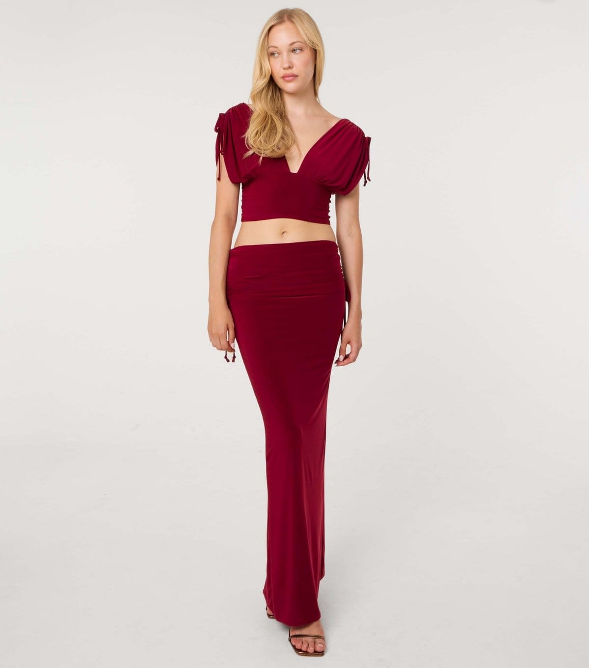Pink Vanilla Dark Burgundy Slinky Ruched Maxi Skirt