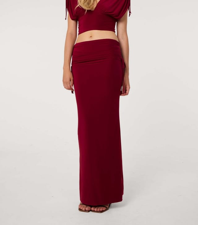 Pink Vanilla Women's Dark Burgundy Slinky Ruched Maxi Skirt Pink Vanilla New Look - 2