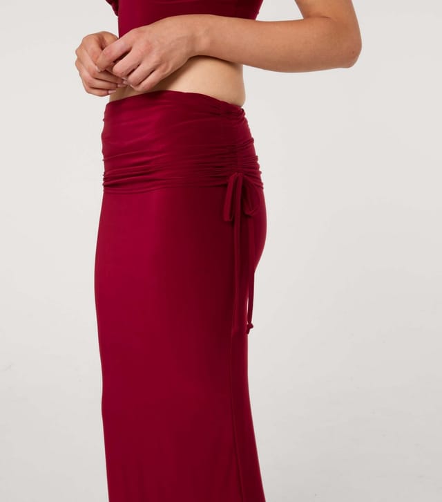 Pink Vanilla Women's Dark Burgundy Slinky Ruched Maxi Skirt Pink Vanilla New Look - 3