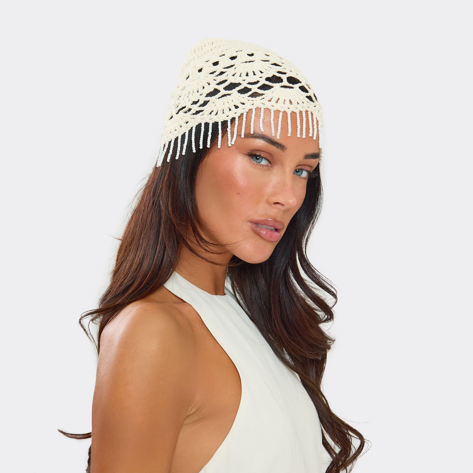 EGO EGO Cream Crochet Knit Tassel Hem Hat