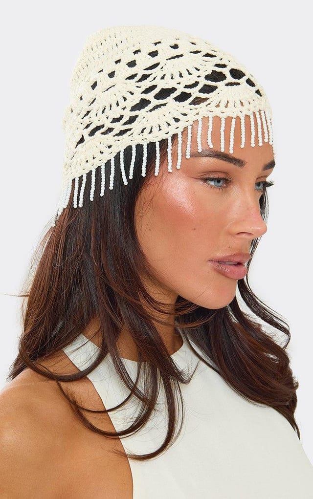 EGO Tassel Hem Detail Hat In Cream Crochet Knit, Women's Size UK 0 - 2