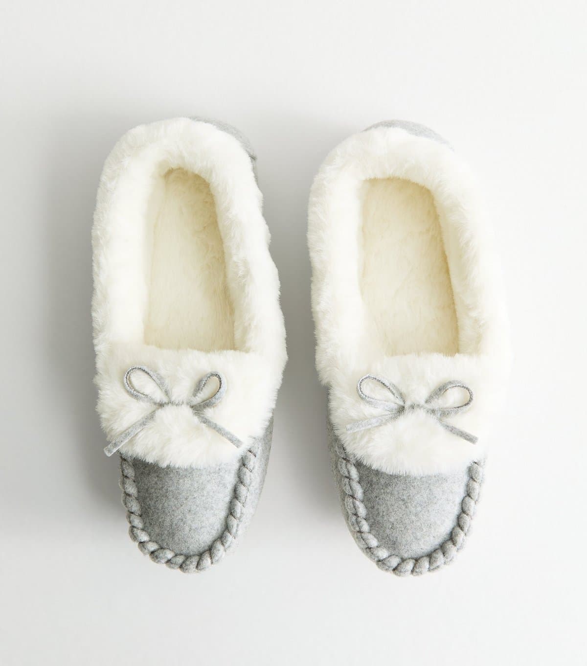 New Look New Look Grey Bow Detail Faux Fur Lined Moccasin Slippers