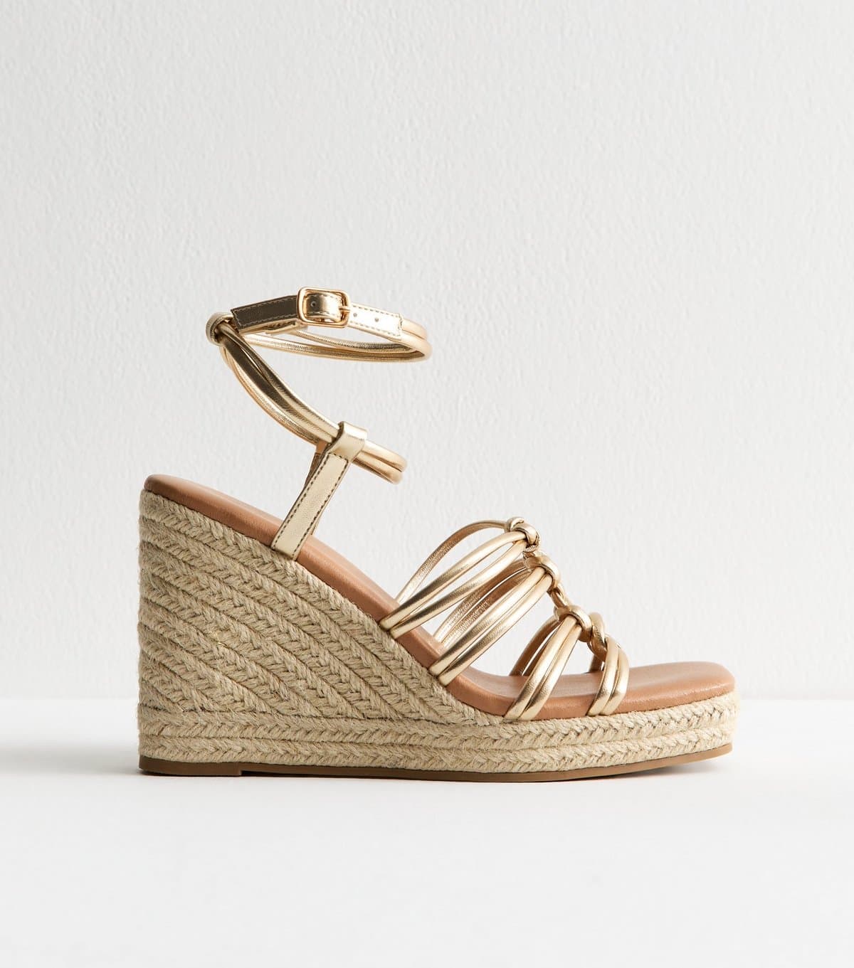 New Look Women's Gold Faux Leather Knotted Strap Wedge Heel Sandals New Look