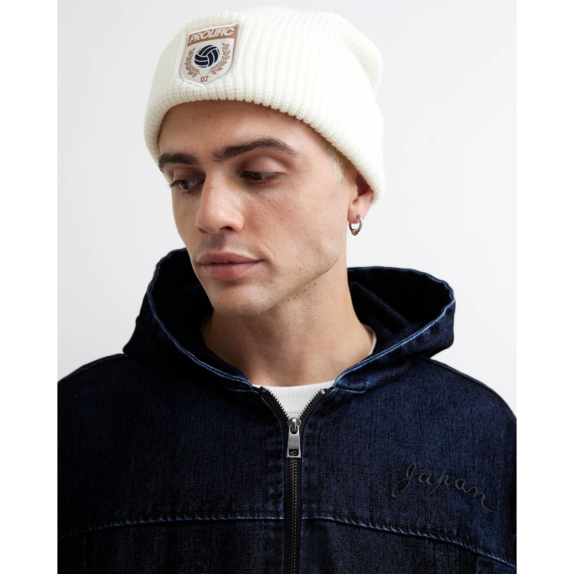 River Island Mens River Island Cream Knit Prolific Badged Beanie