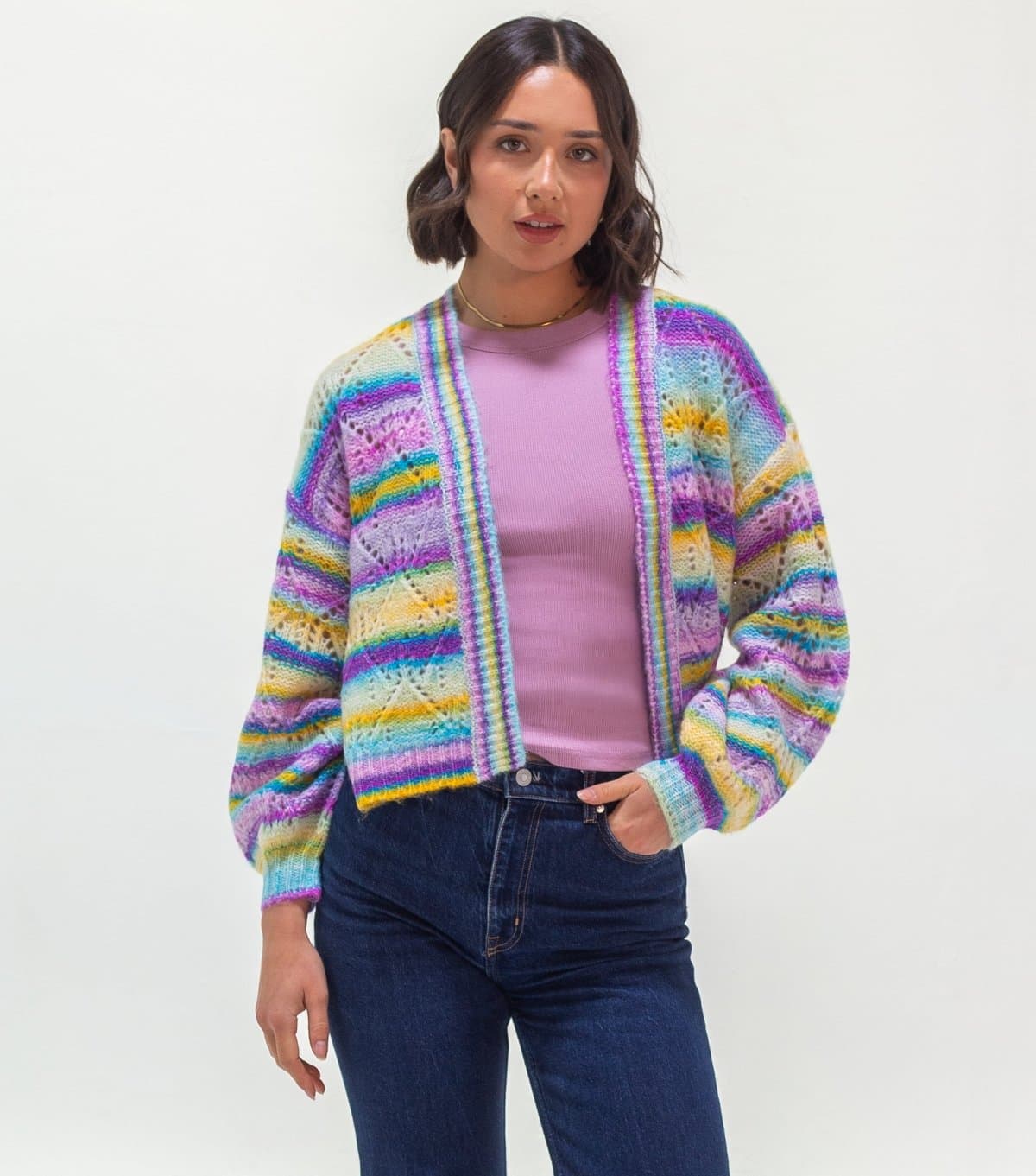 Sunshine Soul Women's Bright Purple Striped Pointelle Knit Open Cardigan Sunshine Soul New Look