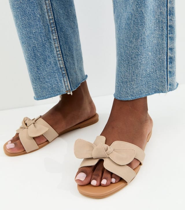 New Look Women's Stone Faux Suede Front Bow Mule Sandals Vegan New Look - 2