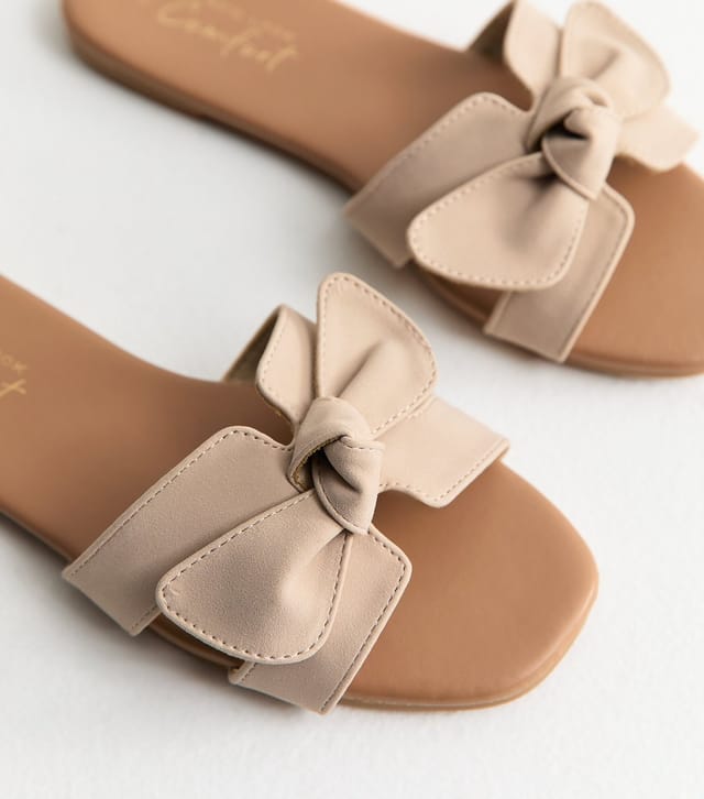 New Look Women's Stone Faux Suede Front Bow Mule Sandals Vegan New Look - 3