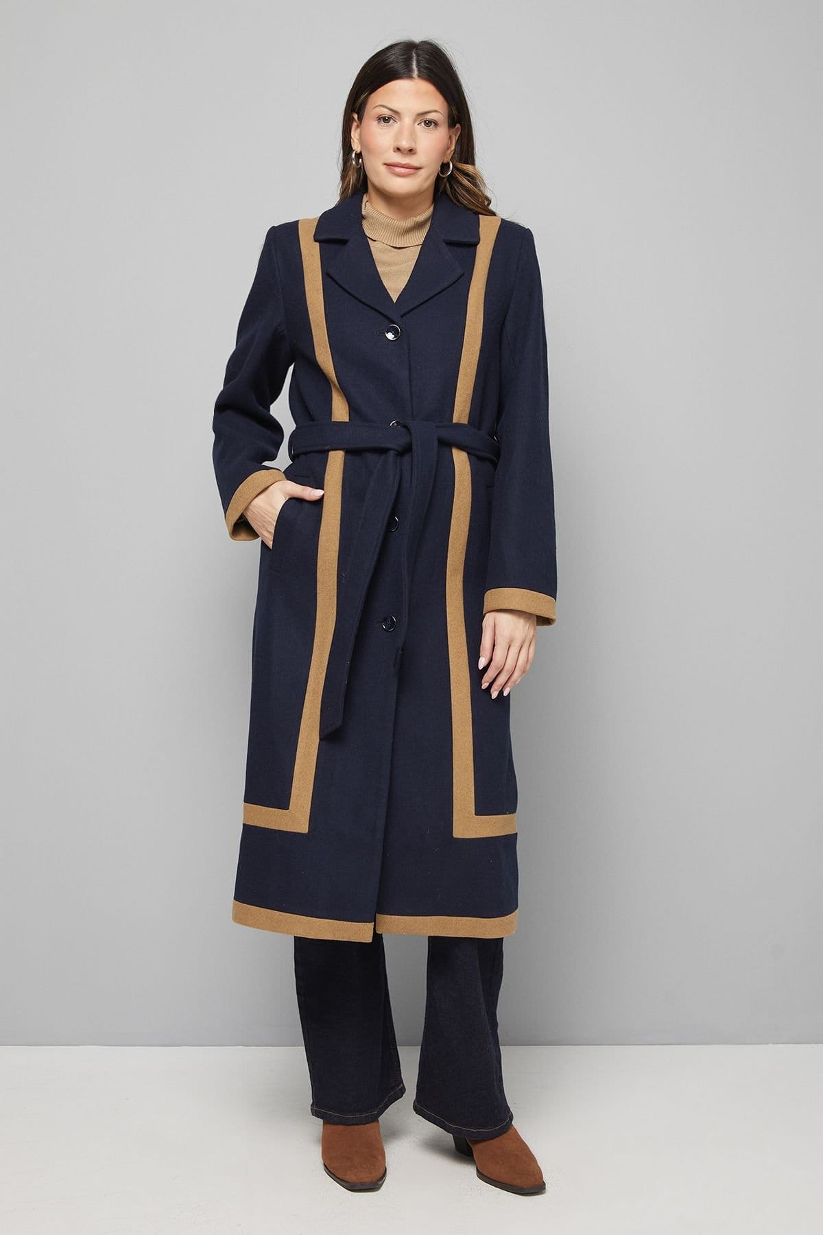 Wallis Wallis Women's Contrast Detail Belted Coat in Navy - 4