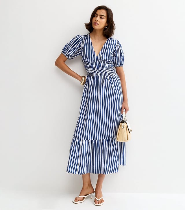 New Look Women's Blue Crepe Striped V-Neck Short Sleeve Midi Dress New Look - 2