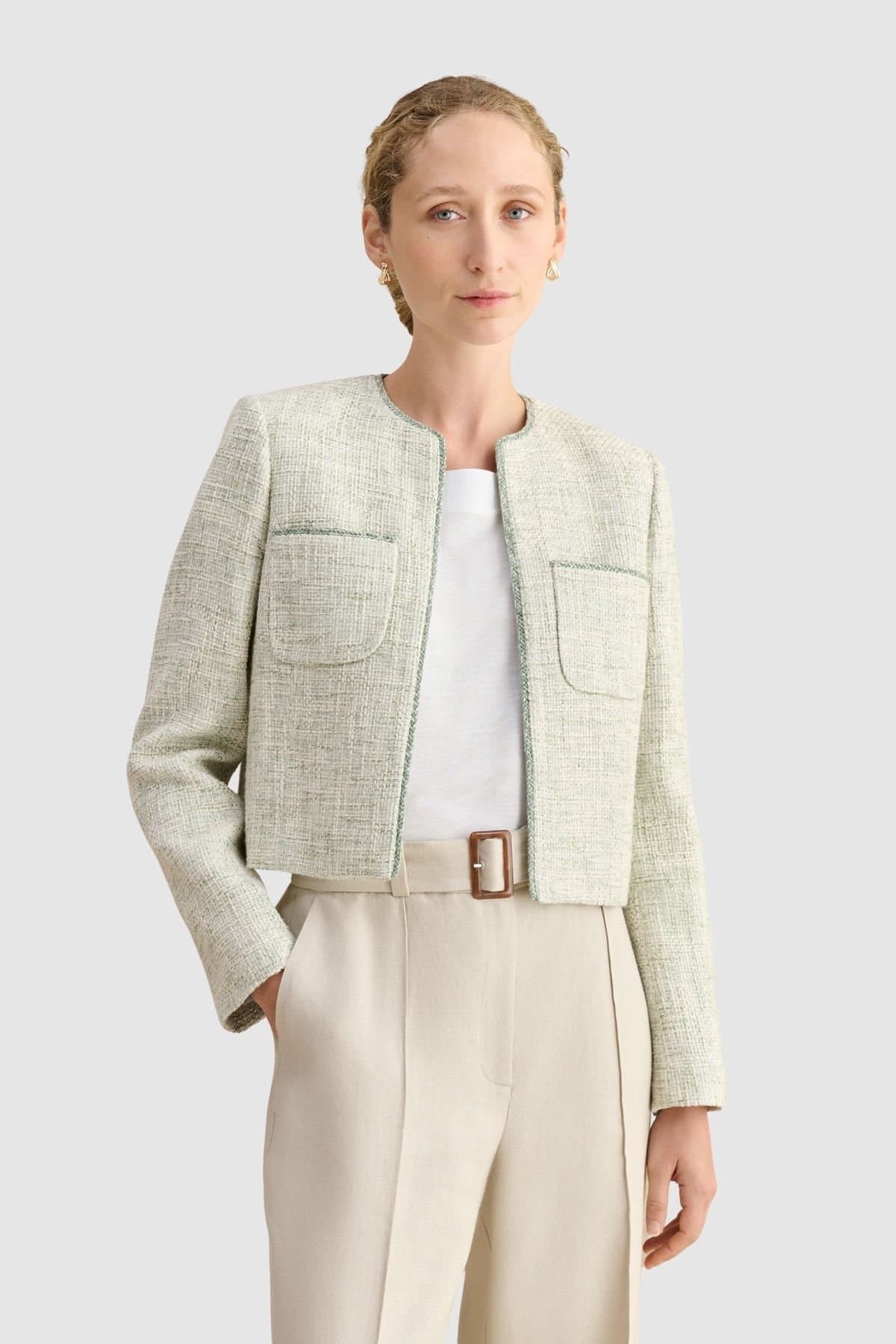 Hobbs London Hobbs London Women's Darcy Tweed Cropped Jacket in Pale Green
