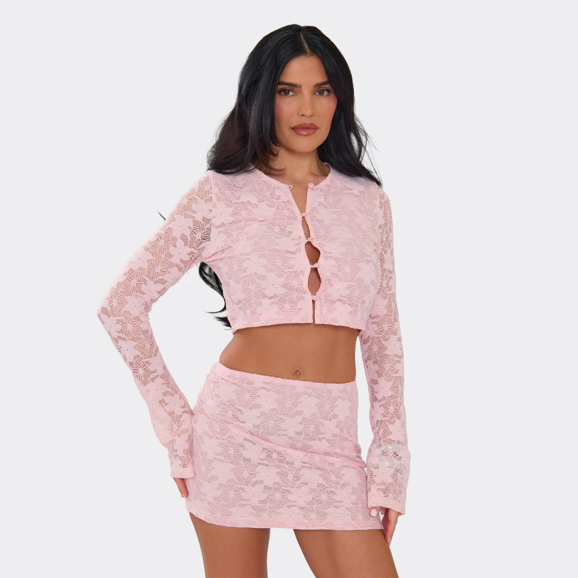 EGO EGO Pink Lace Long Sleeve Crop Top For Women