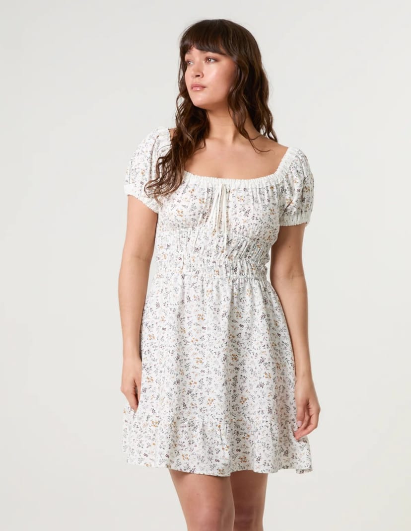 Blue Vanilla Puff Sleeve Shirred Mini Dress - 1