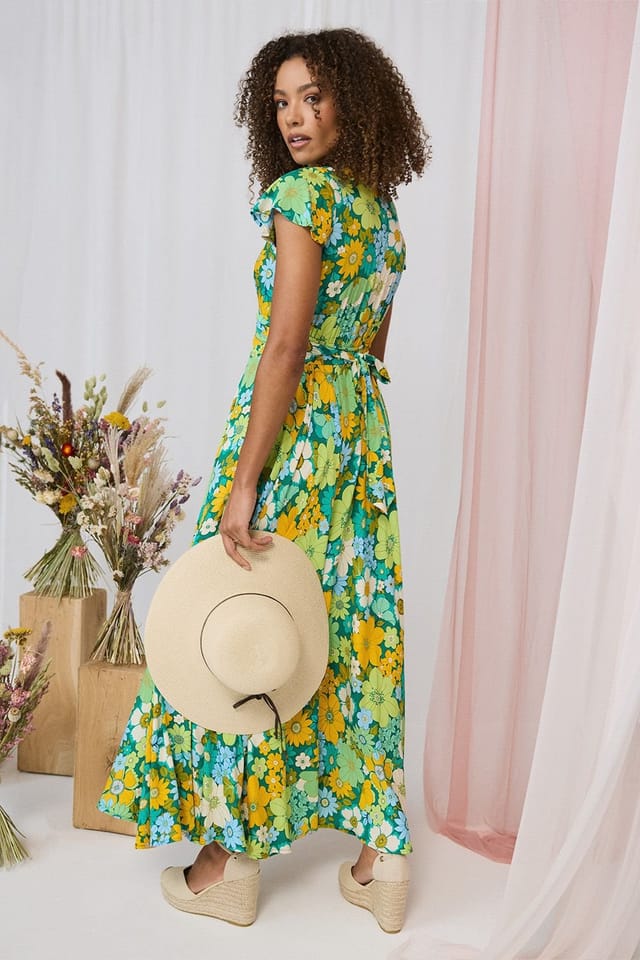 Izabel London Izabel London Women's Floral Ruched Cap Sleeve Maxi Dress in Green - 3