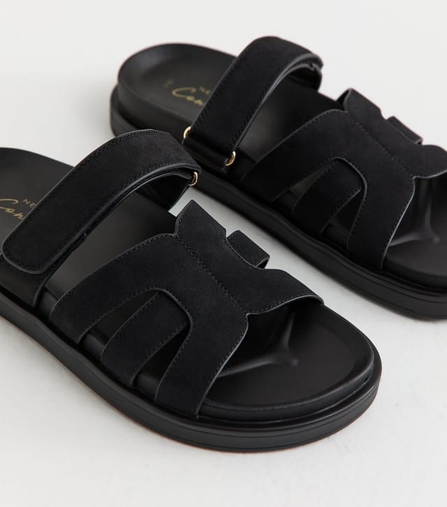 New Look Women's Black Faux Suede Chunky Interwoven Strap Flat Sandals Vegan New Look - 3