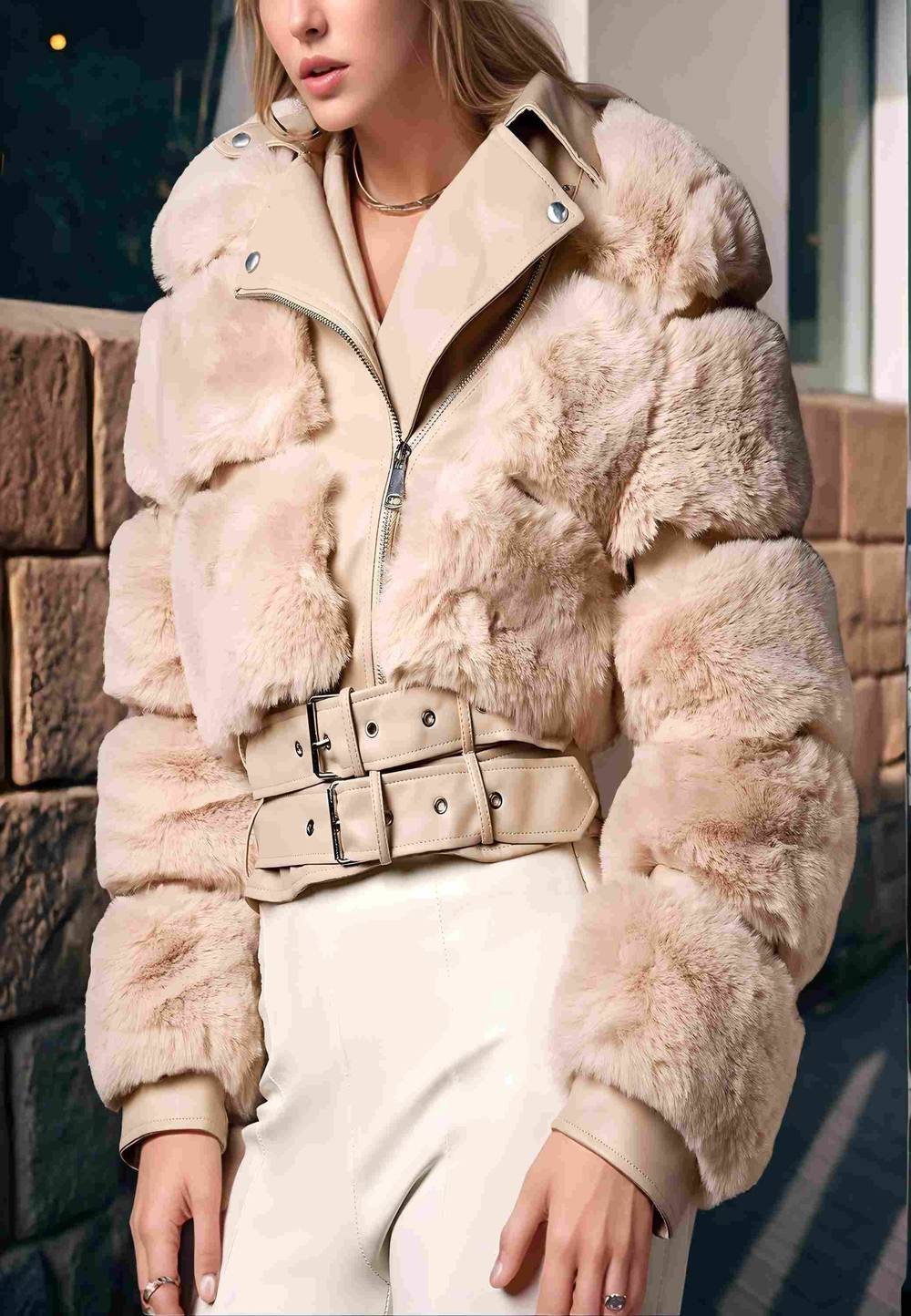 Divine Grace Divine Grace Women's Beige Faux Fur Faux Leather Jacket - 2