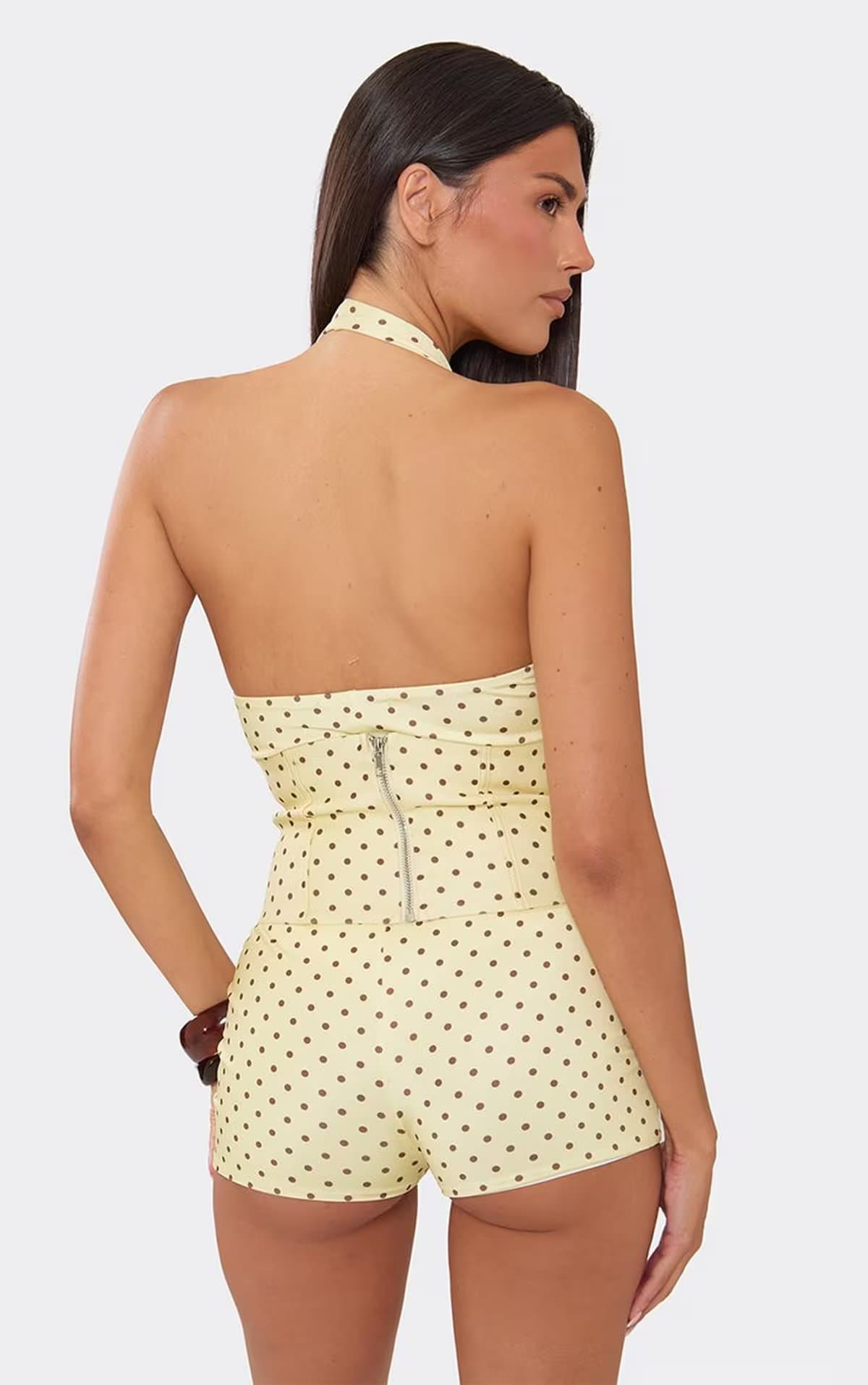 EGO Plunge Halterneck Corset Playsuit In Lemon Polka Dot., Women's Size UK 6