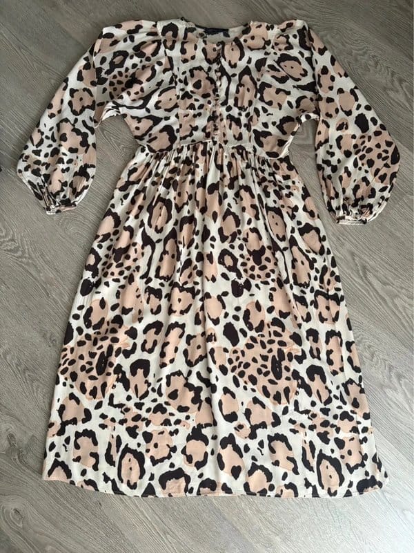Marks & Spencer M&S Collection Leopard Print Midi Dress UK 8 Animal Print Long Sleeve Boho Smock Tea Dress - 1