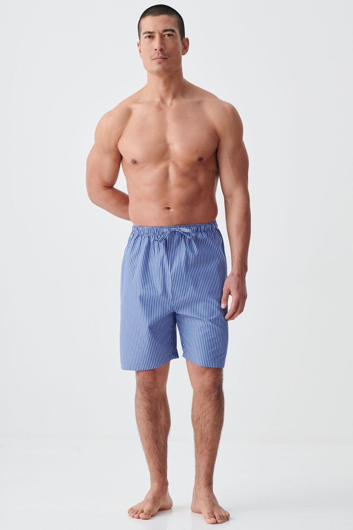 British Boxers British Boxers Men's "Stowe Prusian Blue & White Stripe" Crisp Cotton Sleep Shorts in Navy