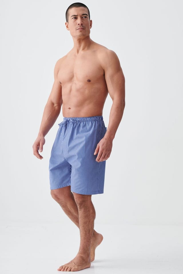 British Boxers British Boxers Men's "Stowe Prusian Blue & White Stripe" Crisp Cotton Sleep Shorts in Navy - 2
