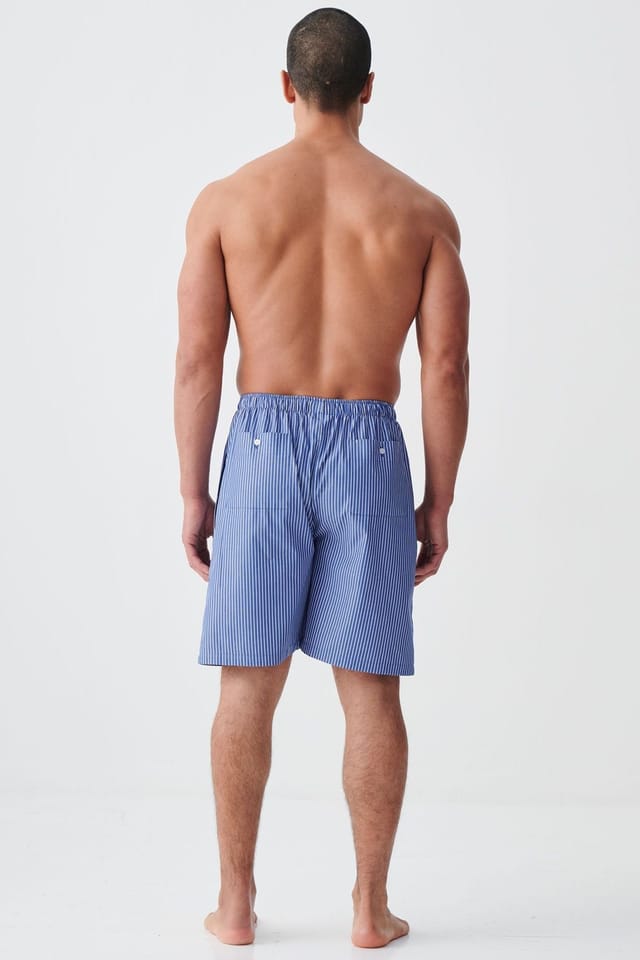 British Boxers British Boxers Men's "Stowe Prusian Blue & White Stripe" Crisp Cotton Sleep Shorts in Navy - 3