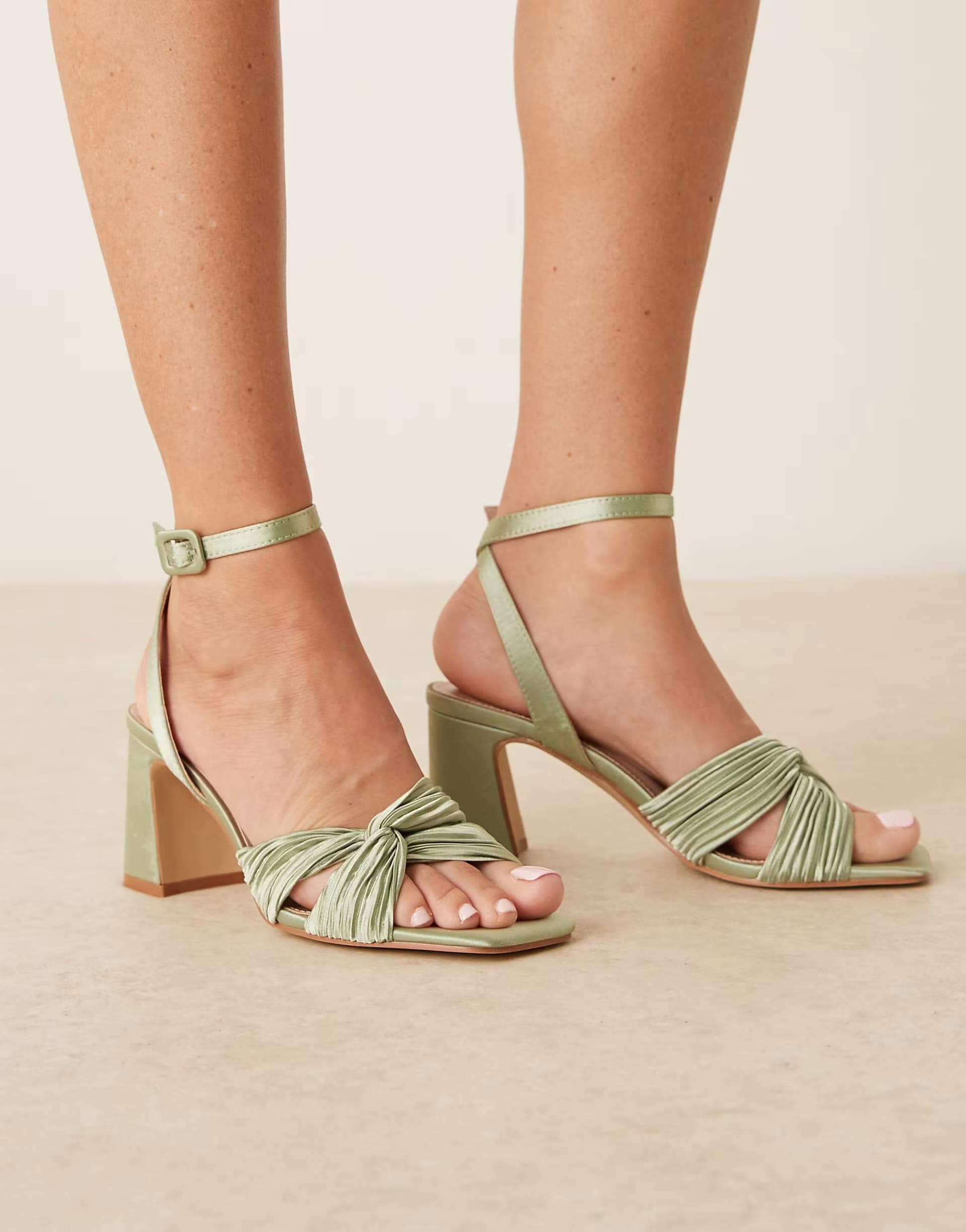 ASOS Be Mine Bridal Wide Fit Divaa plisse block heeled sandals in sage satin