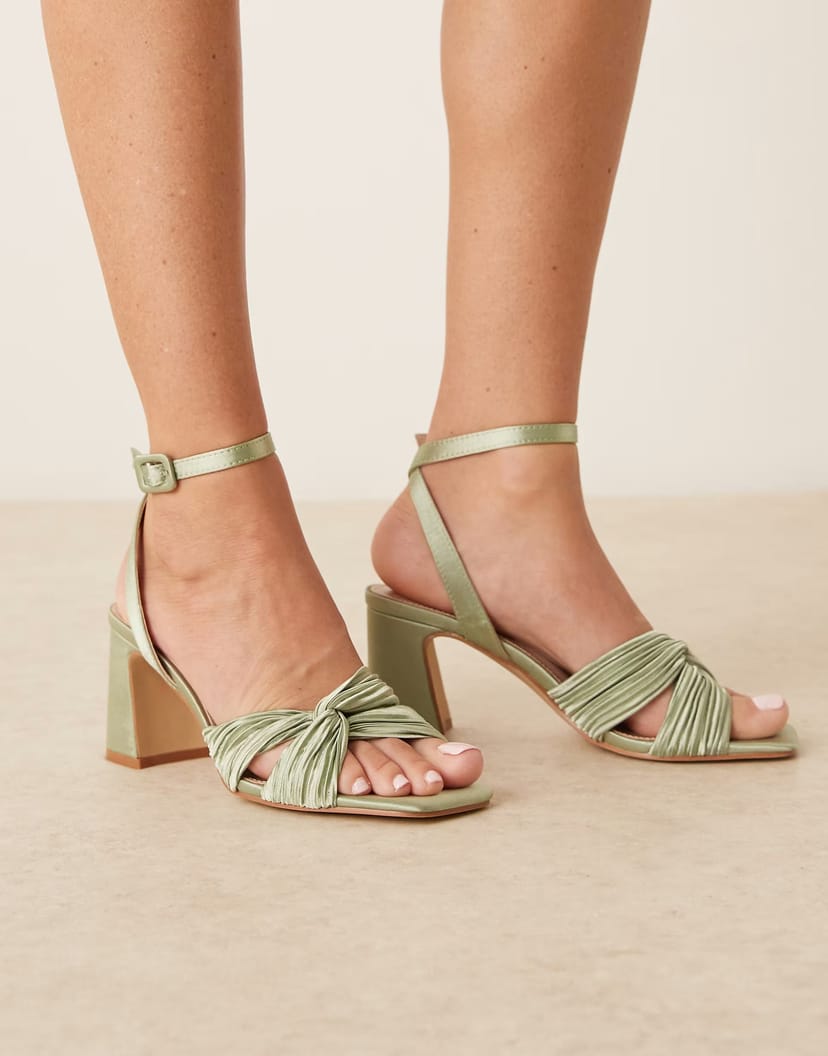 ASOS Be Mine Bridal Wide Fit Divaa plisse block heeled sandals in sage satin - 1