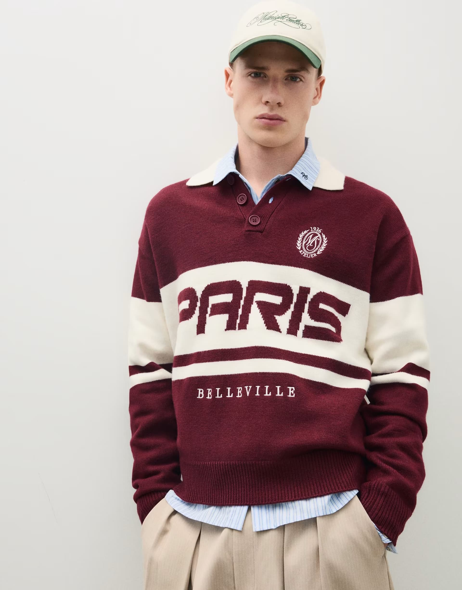 ASOS Bershka Embroidered polo collar jumper in burgundy