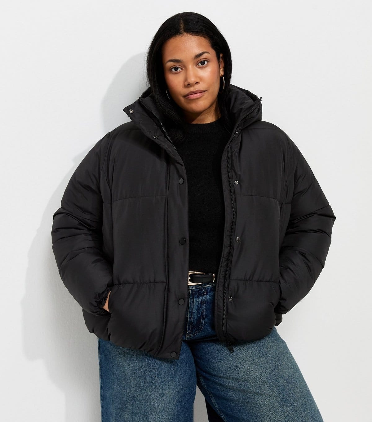 New Look Plus Size Black Cropped Puffer Jacket