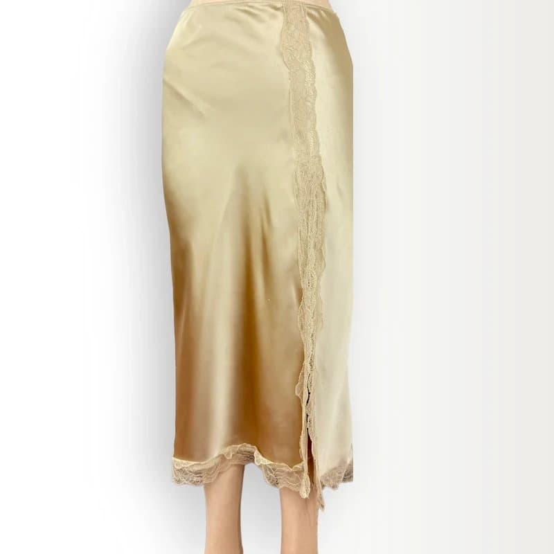 Topshop Topshop Gold Satin Slip Skirt Lace Trim Side Slit Bias XS