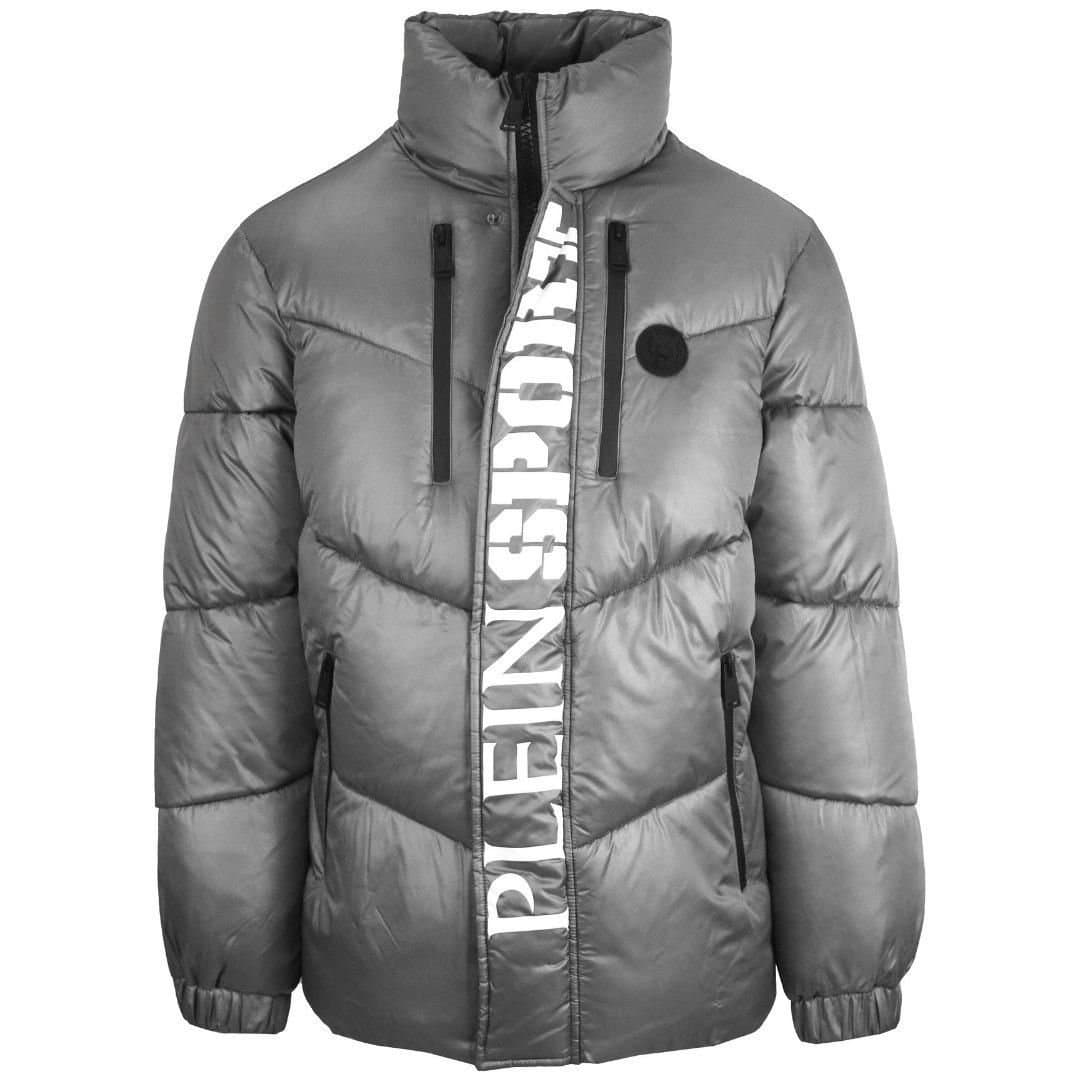 Plein Sport Plein Sport Men's Bold Vertical Logo Shiny Padded Grey Jacket