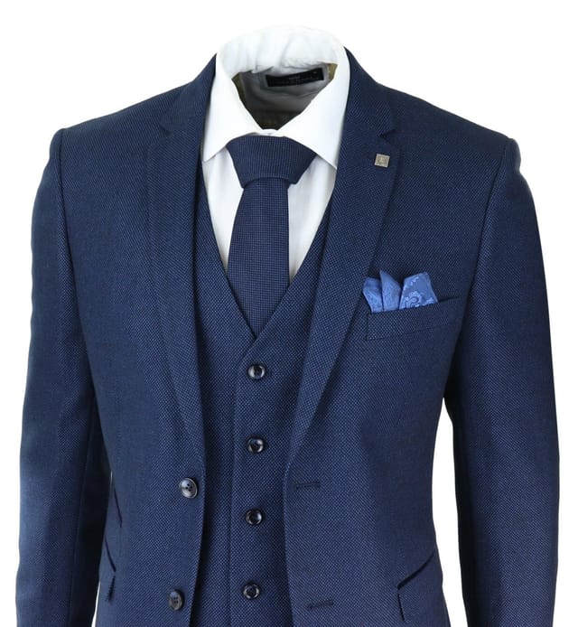 Paul Andrew Paul Andrew Men's Arthur Blue 3 Piece Suit Birdseye Suit in Navy - 3