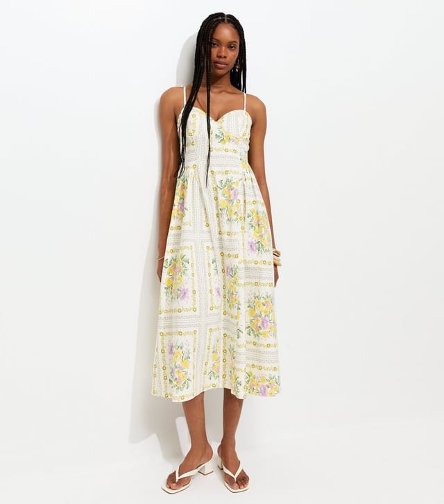New Look Women's Cream Floral Print Corset Bust Flared Midi Dress New Look - 2